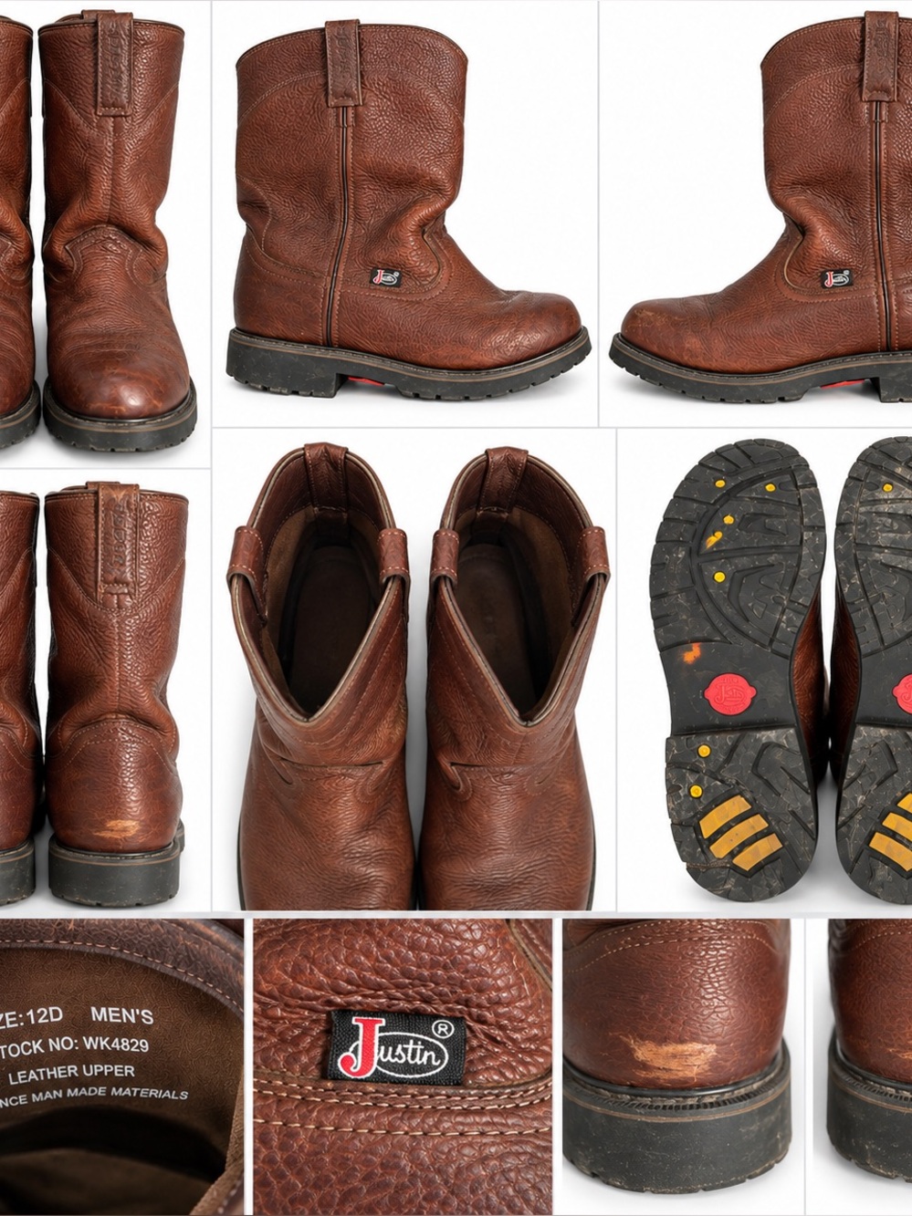 Justin Men’s 12D Brown Leather Pull-On Work Western Boots Rugged Lug Sole